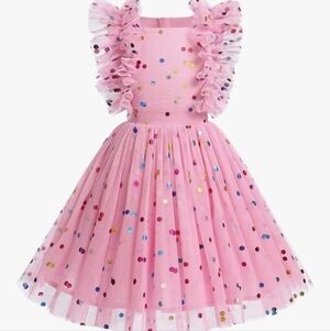 Girls Pink Ruffled Confetti Dress with Colorful Polka Dots